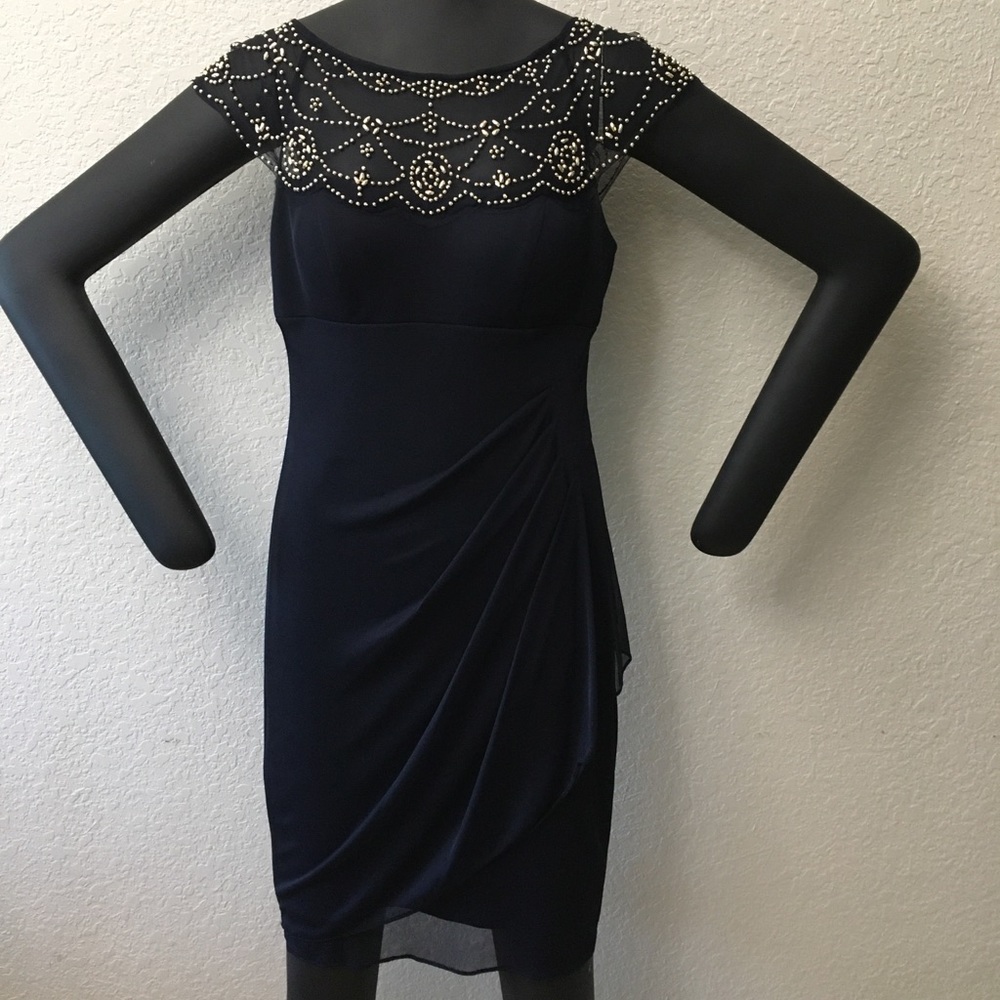 Formal Navy Dress sheer embellished top